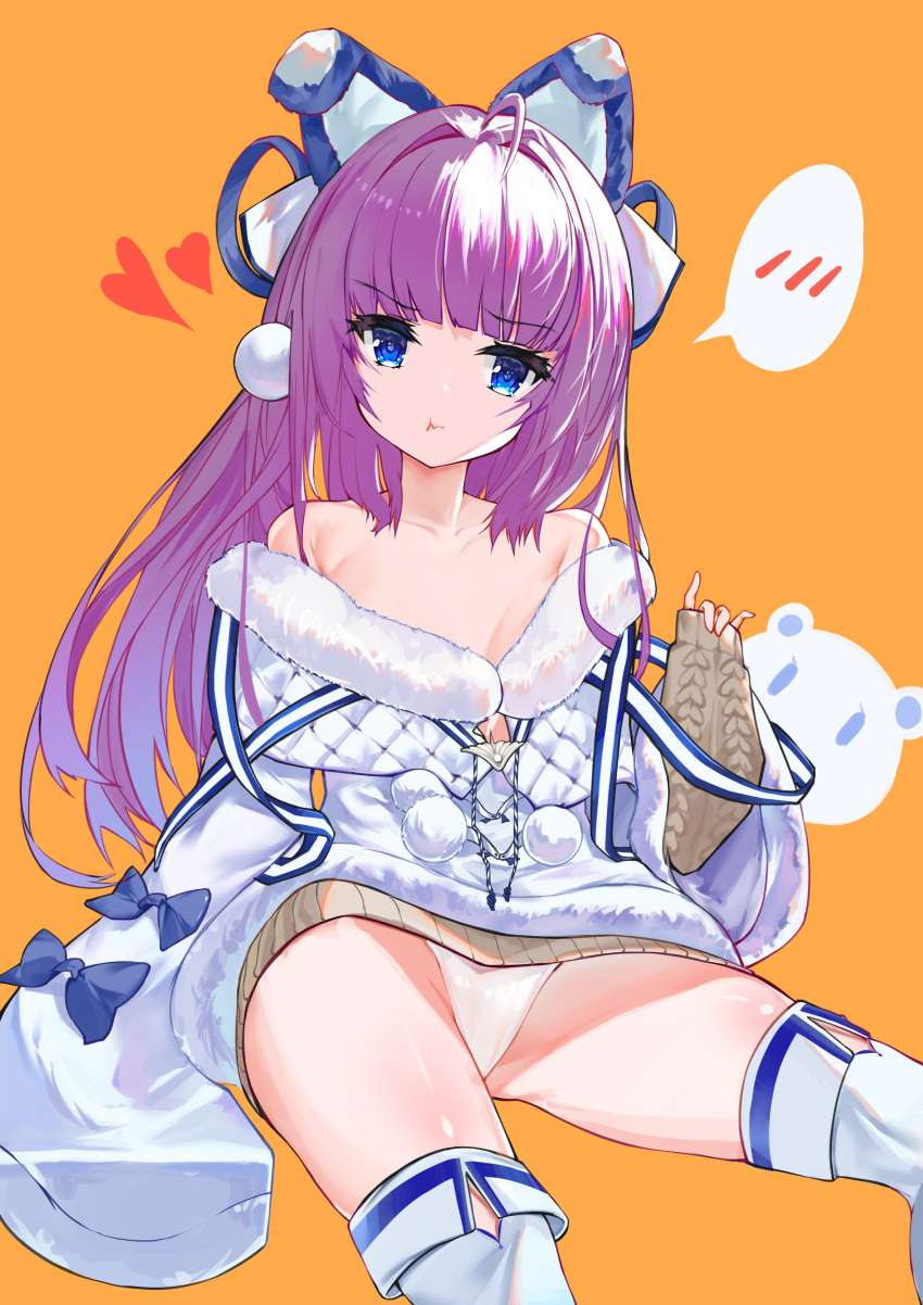 1girl :t absurdres ahoge animal_ears armpit_crease azur_lane bangs bare_shoulders blue_eyes blunt_bangs boots bow breasts chikage_(artist) collarbone commentary_request eyebrows_visible_through_hair fake_animal_ears fur-trimmed_jacket fur-trimmed_sleeves fur_trim hair_bow head_tilt heart highres jacket legs_apart long_hair long_sleeves looking_at_viewer off_shoulder orange_background panties pom_pom_(clothes) pout purple_hair sidelocks simple_background sleeves_past_fingers sleeves_past_wrists small_breasts solo spoken_blush sweater tashkent_(azur_lane) thigh-highs thigh_boots thighs underwear white_footwear white_legwear white_panties wide_sleeves