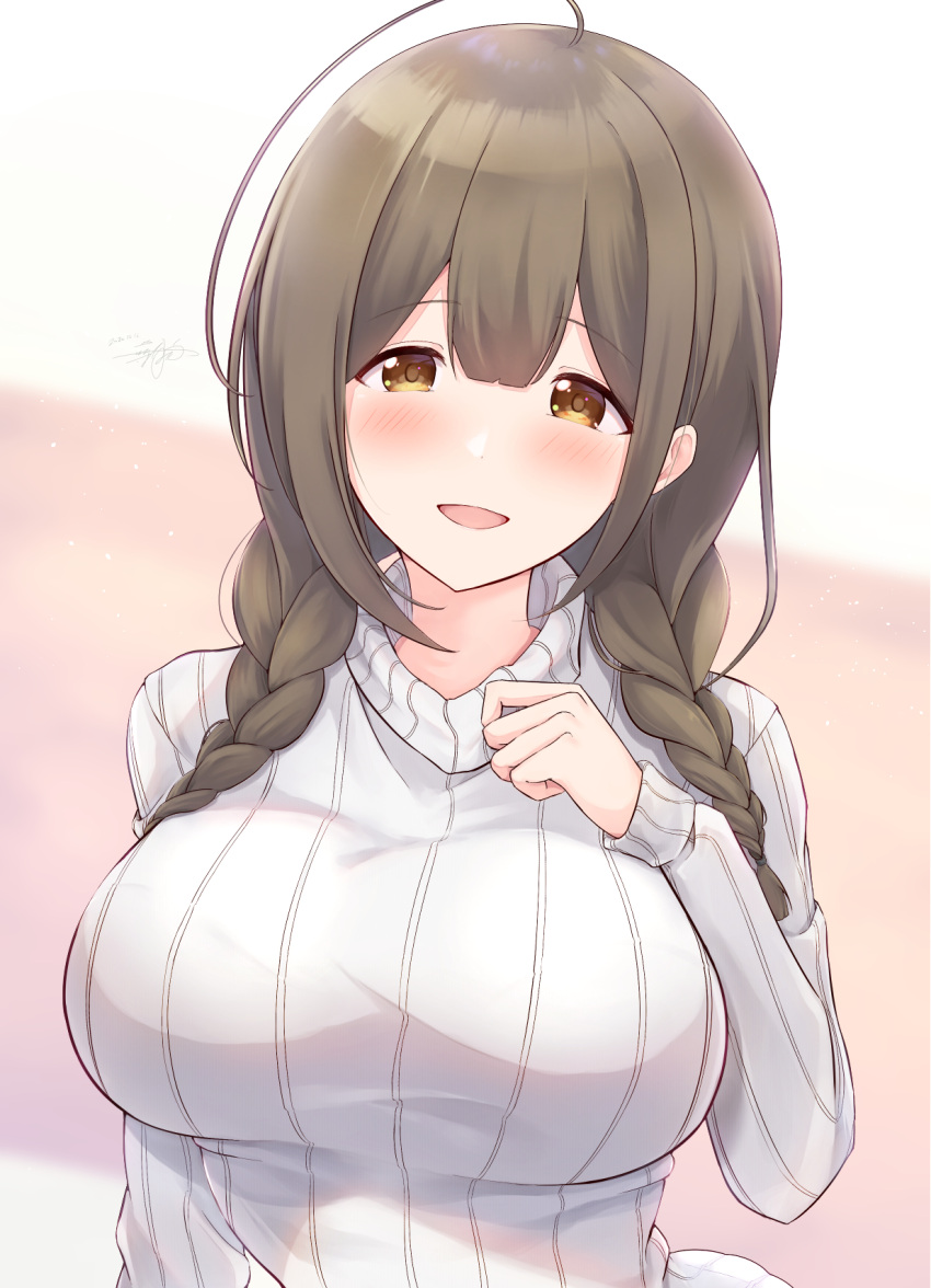 1girl ahoge braid breasts brown_eyes brown_hair commentary_request highres idolmaster idolmaster_shiny_colors kuwayama_chiyuki large_breasts long_hair long_sleeves looking_at_viewer open_mouth ribbed_sweater shionootsu smile solo sweater turtleneck turtleneck_sweater twin_braids upper_body white_sweater