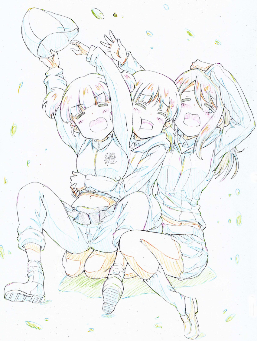 3girls absurdres aki_(girls_und_panzer) ankle_boots arms_up bangs blunt_bangs boots closed_eyes color_trace colored_pencil_(medium) commentary dress_shirt emblem eyebrows_visible_through_hair frown girls_und_panzer hand_on_own_head hat highres holding holding_clothes holding_hat hug hug_from_behind jacket keizoku_military_uniform keizoku_school_uniform kitazinger loafers long_hair long_sleeves low_twintails mika_(girls_und_panzer) mikko_(girls_und_panzer) military military_uniform miniskirt multiple_girls navel open_mouth pants pants_rolled_up pants_under_skirt pleated_skirt raglan_sleeves reaching_out school_uniform shadow shirt shoes short_twintails sitting sitting_on_lap sitting_on_person skirt smile socks striped striped_shirt tearing_up track_jacket track_pants traditional_media tulip_hat twintails uniform vertical-striped_shirt vertical_stripes wariza