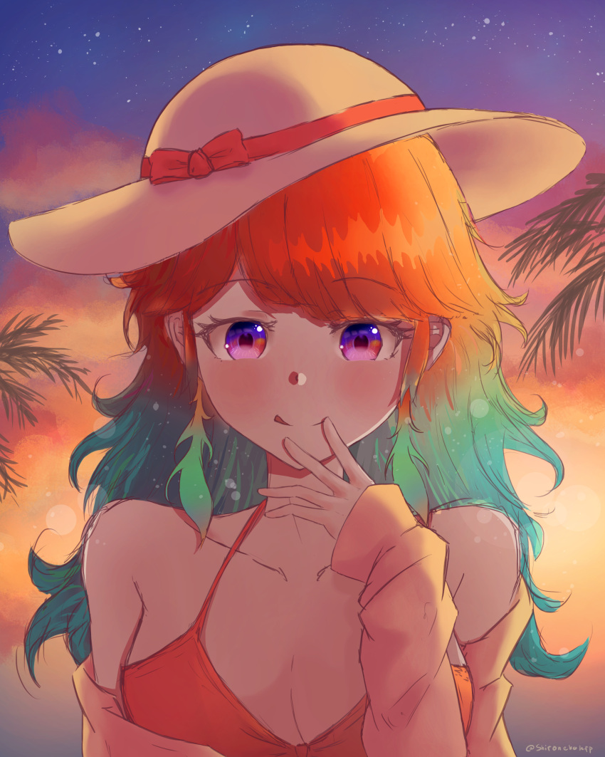 absurdres artist_name bare_shoulders blush breasts feathers hat highres hololive hololive_english light_particles looking_at_viewer md5_mismatch multicolored_hair palm_tree resolution_mismatch shaded_face shironekokfp smile source_smaller sunset swimsuit takanashi_kiara tree