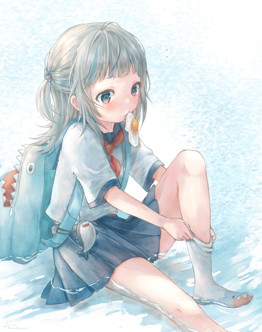 1girl absurdres backpack bag blue_background blue_eyes blue_skirt blush egg flat_chest food_in_mouth gawr_gura grey_hair highres hololive hololive_english huge_filesize in_water medium_hair multicolored_hair pleated_skirt powa_(36iii) school_uniform serafuku short_twintails sidelocks simple_background sitting skirt socks solo stuffed_animal stuffed_toy twintails virtual_youtuber
