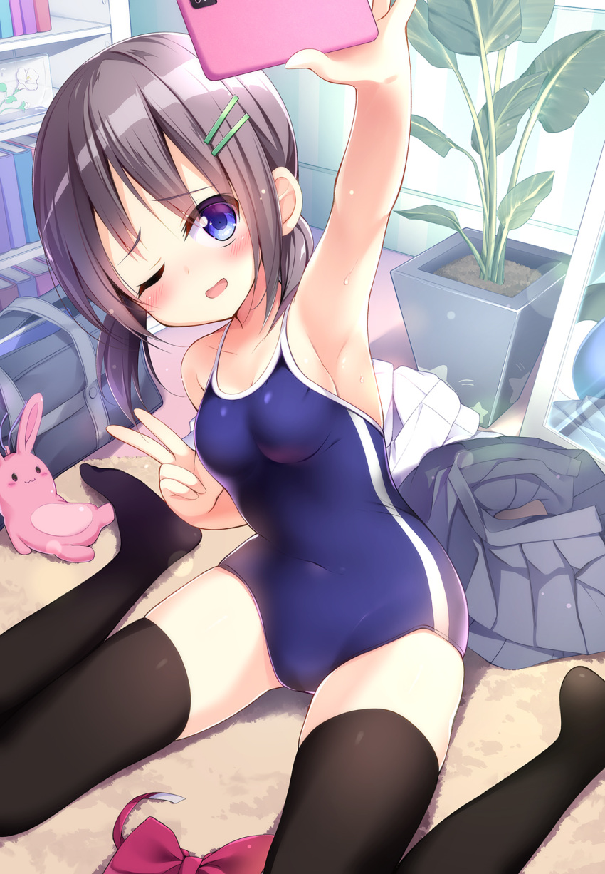 1girl bag black_hair black_legwear blue_eyes blue_swimsuit breasts cellphone commentary_request competition_school_swimsuit grey_skirt hair_ornament hairclip hatsuhi head_tilt highres indoors looking_at_phone original phone plant potted_plant school_bag school_swimsuit self_shot short_hair sitting skirt skirt_removed small_breasts smartphone solo stuffed_animal stuffed_bunny stuffed_toy swimsuit thigh-highs v wariza