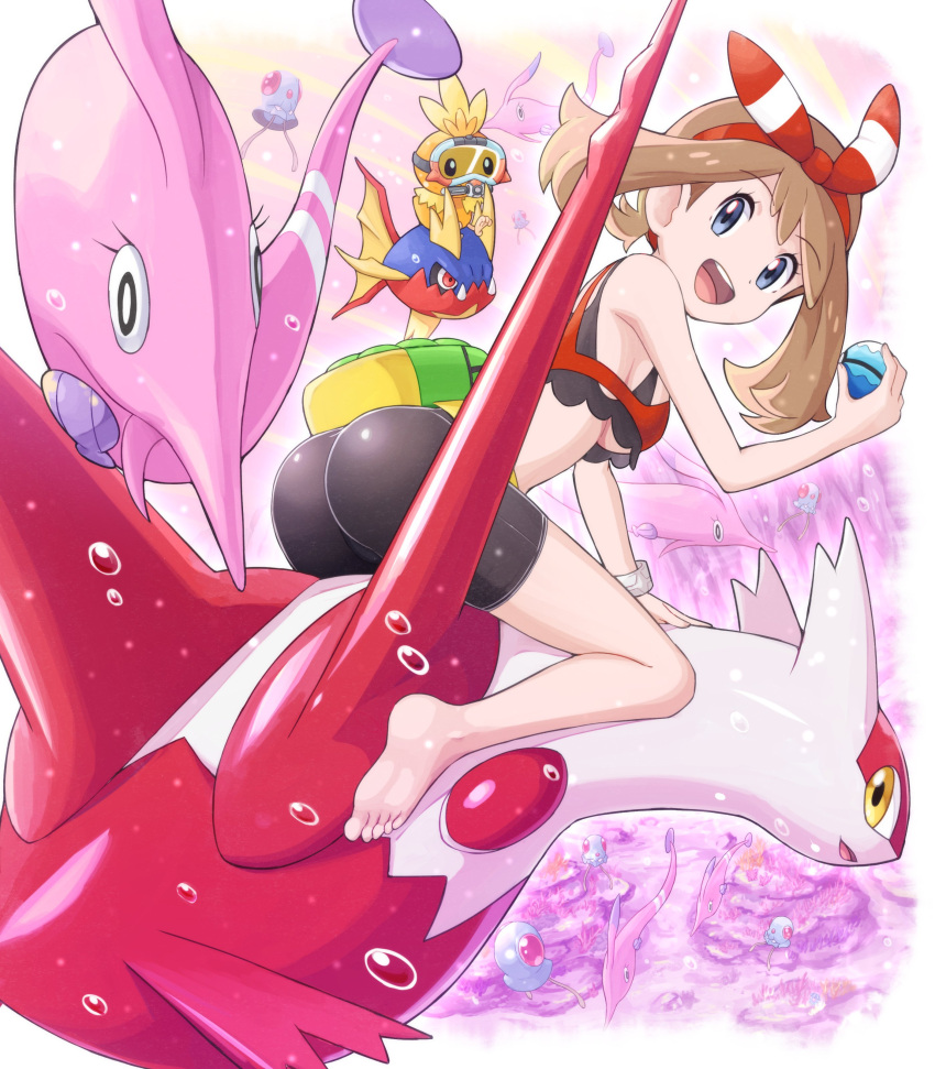 1girl :d absurdres ass bangs bare_arms barefoot bike_shorts bow_hairband breasts brown_hair bubble carvanha commentary_request dive_ball eyebrows_visible_through_hair eyelashes fanny_pack gen_1_pokemon gen_3_pokemon gorebyss grey_eyes hairband highres holding holding_poke_ball latias legendary_pokemon looking_at_viewer looking_back may_(pokemon) open_mouth poke_ball pokemoa pokemon pokemon_(creature) pokemon_(game) pokemon_oras red_hairband riding_pokemon smile soles teeth tentacool toes tongue torchic underboob