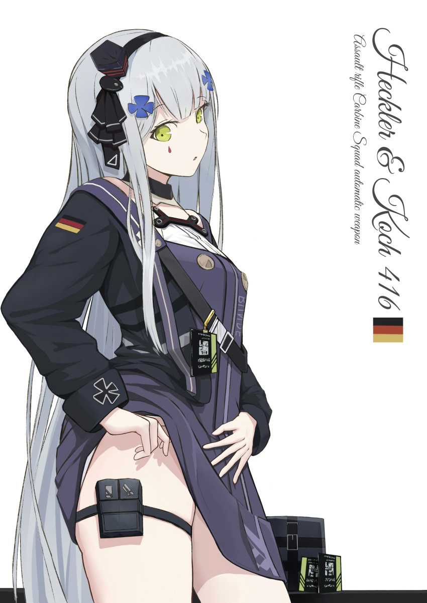 1girl absurdres amamizu_shizuku bangs black_jacket character_name commentary_request cowboy_shot cursive dress dress_lift english_text eyebrows_visible_through_hair facial_mark german_flag girls_frontline green_eyes headgear highres hk416_(girls_frontline) jacket lifted_by_self long_hair long_sleeves looking_at_viewer military_jacket mod3_(girls_frontline) open_clothes open_jacket pouch silver_hair simple_background solo standing teardrop thigh_pouch thighs very_long_hair white_background