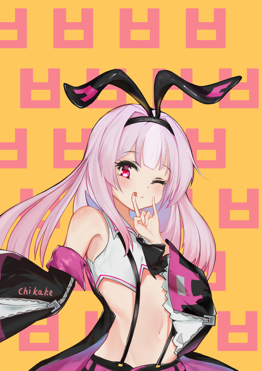 1girl absurdres animal_ears artist_name azur_lane bangs bare_shoulders black_neckwear chikage_(artist) chinese_commentary closed_mouth collared_shirt commentary_request crop_top detached_sleeves fake_animal_ears flat_chest hairband highres hobby_(azur_lane) licking_lips long_sleeves navel neckerchief one_eye_closed pink_eyes pink_hair rabbit_ears shirt sidelocks signature smile solo standing stomach suspenders tongue tongue_out upper_body vest white_shirt wide_sleeves zipper zipper_pull_tab