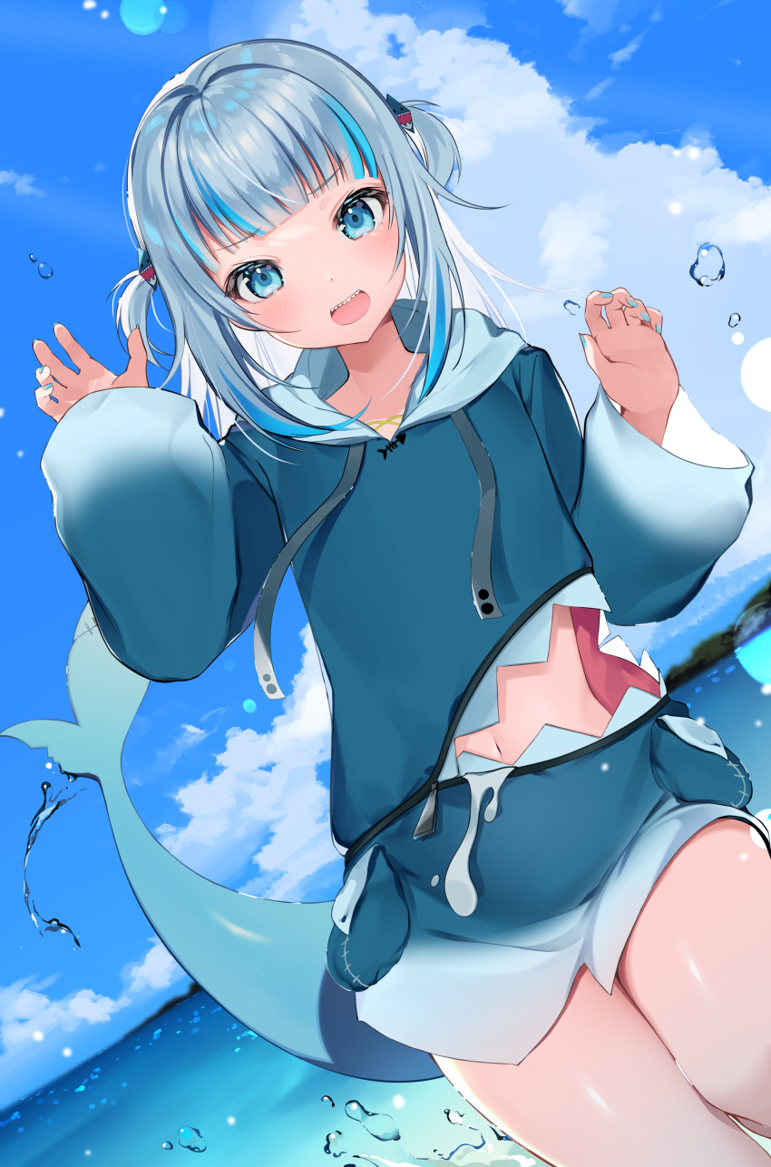 1girl absurdres beach blue_eyes blue_nails claw_pose clouds cloudy_sky cowboy_shot drawstring dutch_angle fingerless_gloves fish_tail gawr_gura gloves hair_ornament highres hololive hololive_english looking_at_viewer mikeneko_mari multicolored_hair nail_polish navel ocean open_mouth pouch shark shark_hair_ornament shark_tail sharp_teeth short_hair_with_long_locks sidelocks silver_hair sky solo splashing streaked_hair tail teeth thighs two_side_up virtual_youtuber water water_drop