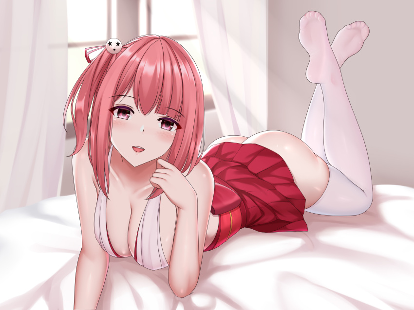 1girl absurdres azur_lane bare_arms bare_shoulders breasts curtains dead_or_alive feet feet_up highres honoka_(doa) kuroshiro_no_tsubasa large_breasts no_bra no_panties one_side_up open_mouth pink_eyes pink_hair red_skirt short_hair skirt soles sunlight white_legwear