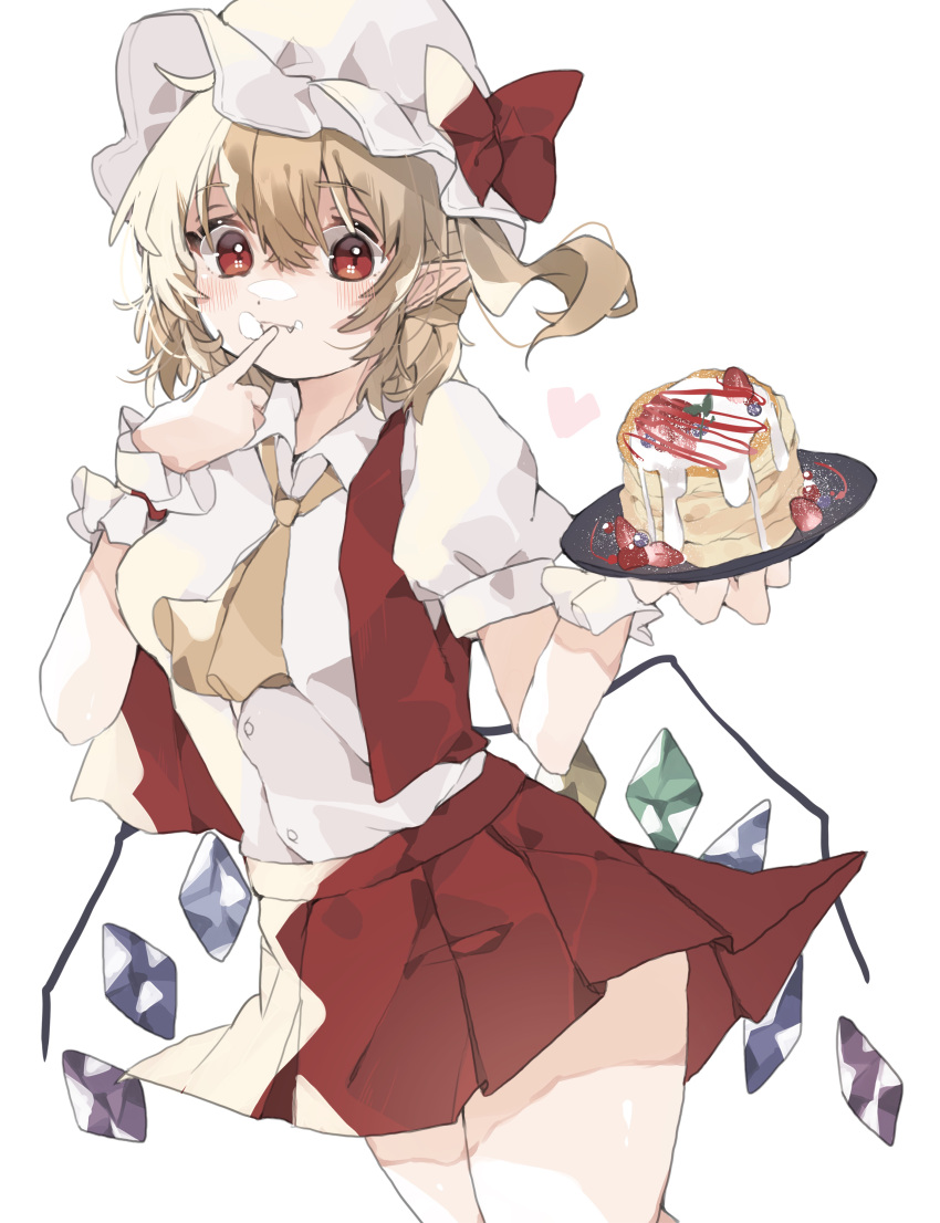 1girl absurdres ascot bangs blonde_hair blush bow breasts cake closed_mouth cowboy_shot crystal eyebrows_visible_through_hair fang finger_to_mouth flandre_scarlet food food_on_face gominami hair_between_eyes hat hat_bow heart highres holding holding_tray looking_at_viewer medium_breasts mob_cap one_side_up open_clothes open_vest pleated_skirt puffy_short_sleeves puffy_sleeves red_bow red_eyes red_skirt red_vest reflective_eyes short_hair short_sleeves simple_background skirt skirt_set solo standing thighs touhou tray vest white_background white_headwear wings wrist_cuffs yellow_neckwear