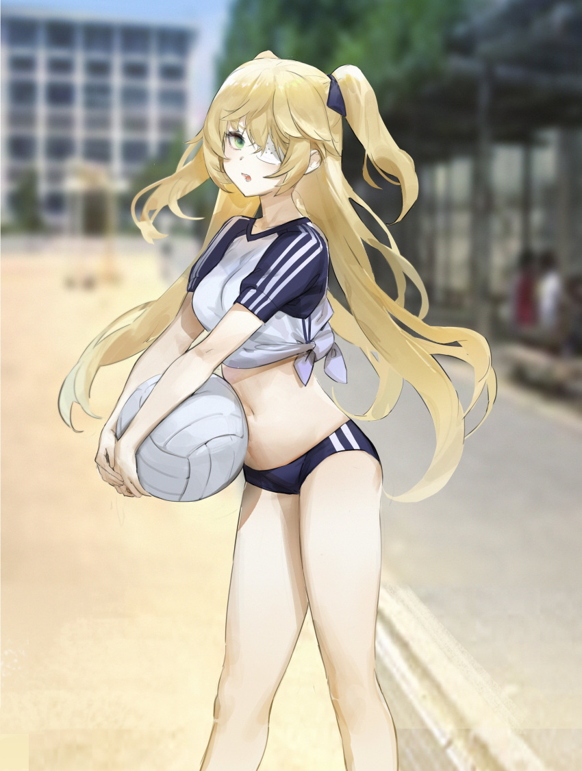 1girl absurdres ball black_ribbon blonde_hair blurry blurry_background breasts building dokshuri eyepatch fischl_(genshin_impact) genshin_impact green_eyes hair_ribbon highres holding holding_ball long_hair looking_at_viewer navel open_mouth outdoors ribbon sand shirt short_shorts shorts small_breasts solo_focus sportswear tied_shirt tree two_side_up volleyball volleyball_uniform white_eyepatch