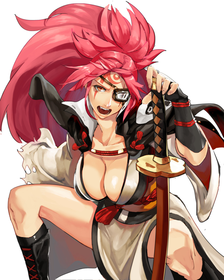 angry baiken boots breasts eyepatch facial_mark fighting_stance fingerless_gloves gloves guilty_gear highres japanese_clothes kimono laio large_breasts long_hair looking_at_viewer pink_eyes pink_hair ponytail samurai sword thighs weapon