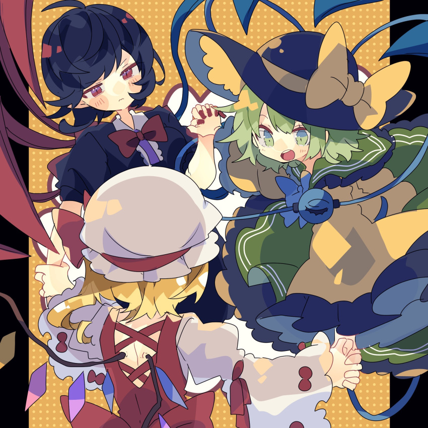 3girls asymmetrical_wings black_dress black_hair blonde_hair blush_stickers dress flandre_scarlet green_hair hat highres holding_hands houjuu_nue juliet_sleeves komeiji_koishi long_sleeves mob_cap multiple_girls nikorashi-ka open_mouth puffy_sleeves red_dress red_eyes short_sleeves side_ponytail stage_connection touhou wings