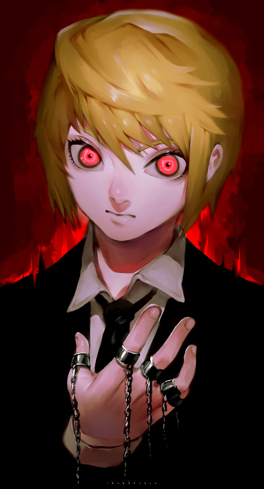 1boy absurdres angry aura black_neckwear chain dress_shirt expressionless eyebrows eyebrows_visible_through_hair formal glowing glowing_eyes hair_between_eyes hand_up highres hunter_x_hunter ibuo_(ibukht1015) jewelry kurapika looking_at_viewer necktie open_hand red_background red_eyes ring shirt short_hair signature stern upper_body white_shirt
