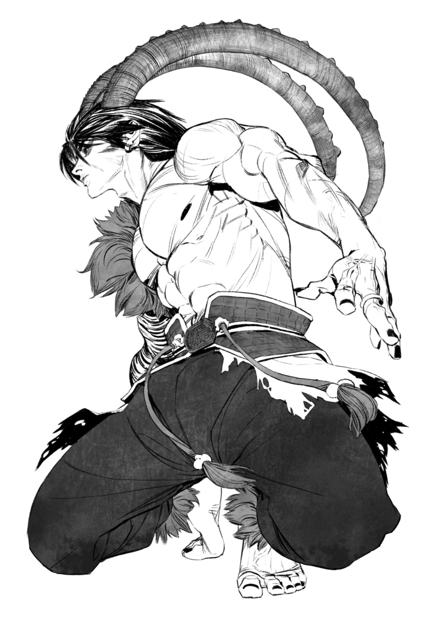 1boy abs absurdres barefoot fingernails fur_trim hatching_(texture) heo_sung-moo highres horns injury jewelry long_horns male_focus medium_hair muscle navel nipples original parted_lips ring scar shirtless simple_background sketch solo squatting toenails torn torn_clothes veins white_background