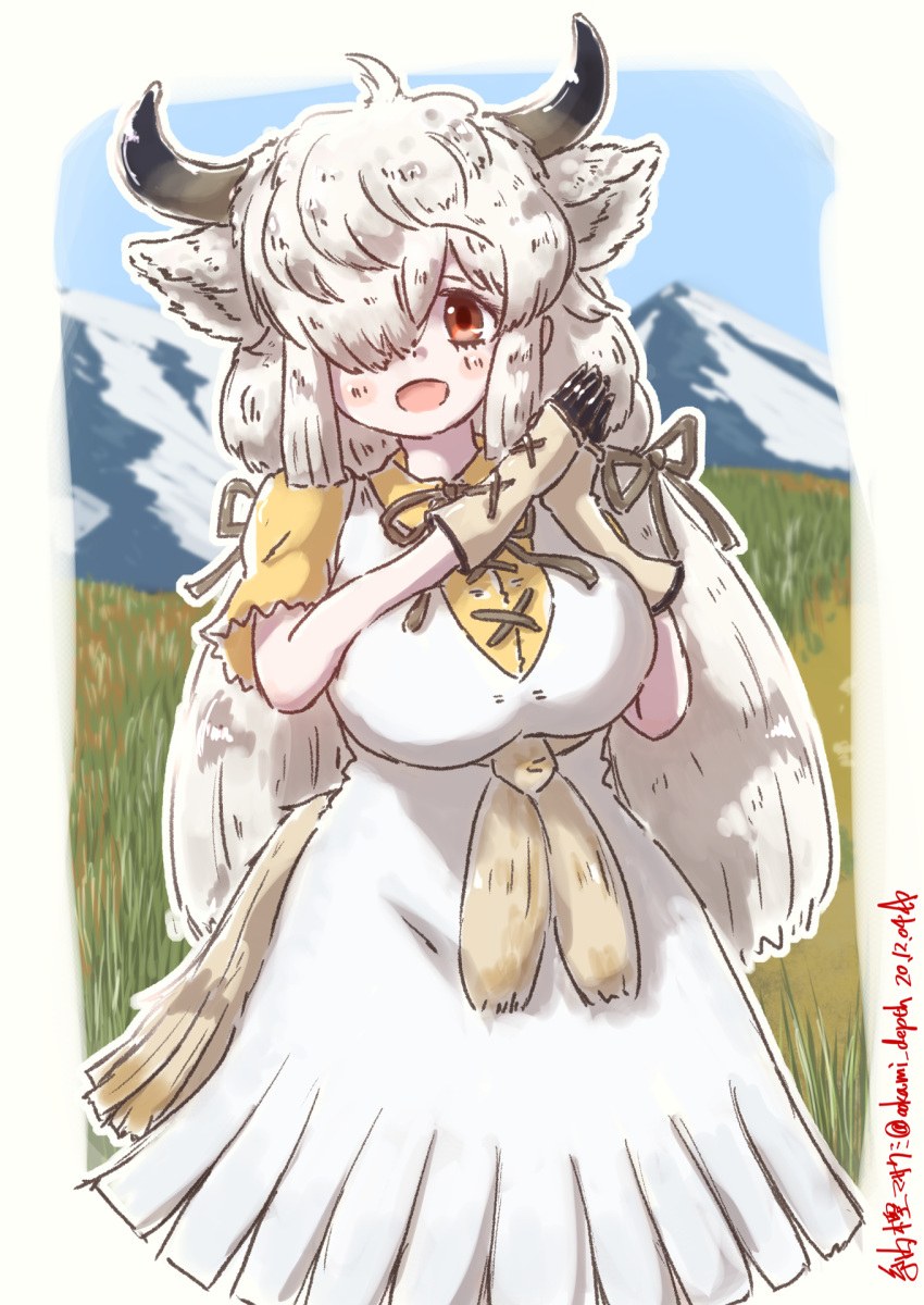 1girl :d animal_ears bangs breasts brown_eyes commentary_request dated dress gloves hair_over_one_eye hair_ribbon hands_together highres horns kemono_friends large_breasts long_hair looking_at_viewer open_mouth ox_ears ox_horns ribbon smile solo twitter_username white_dress white_hair yak_(kemono_friends) yonaka-nakanoma
