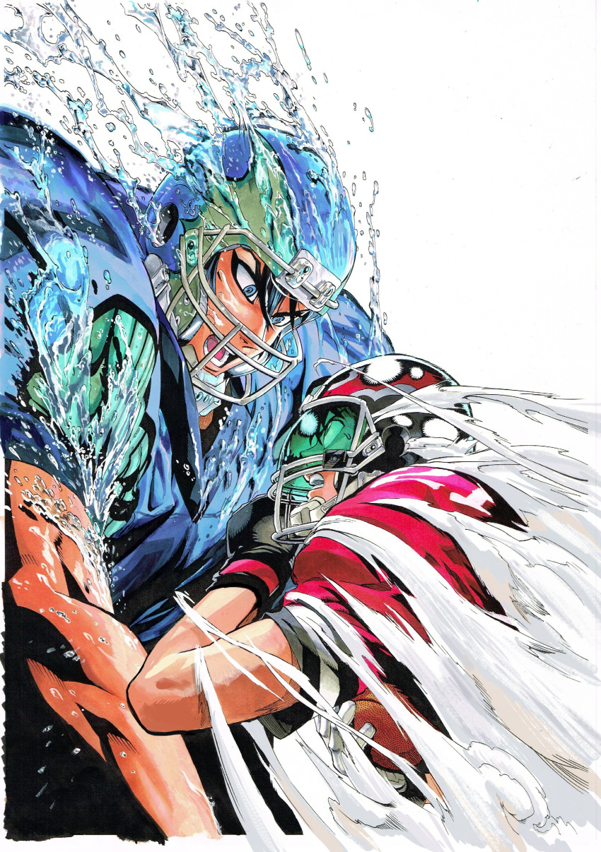 2boys absurdres character_request eye_contact eyeliner eyeshield_21 football football_(object) football_helmet football_uniform from_side gloves height_difference helmet highres kobayakawa_sena looking_at_another makeup multiple_boys murata_yuusuke muscle official_art open_mouth scan simple_background sportswear steam traditional_media water white_background