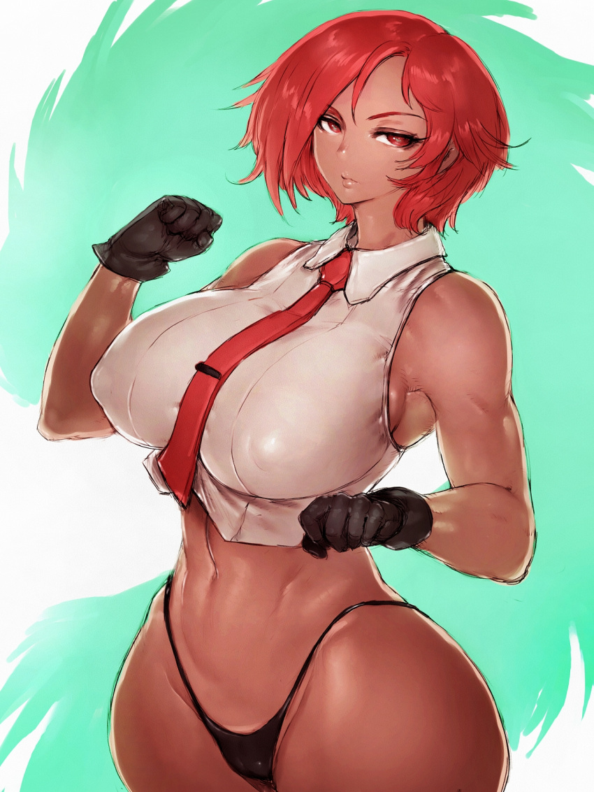 1girl aqua_background bare_shoulders black_gloves black_panties breasts covered_nipples fumio_(rsqkr) gloves highres large_breasts looking_at_viewer midriff navel necktie panties red_eyes redhead short_hair solo the_king_of_fighters thong toned underwear vanessa_(kof) white_background wide_hips