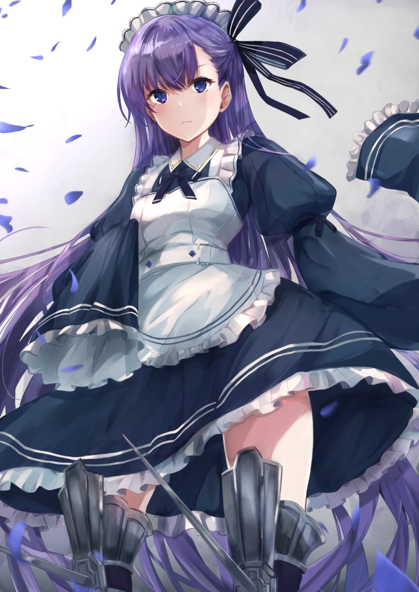 1girl alternate_costume apron armored_boots bangs black_dress blue_eyes blue_ribbon boots breasts closed_mouth dress enmaided fate/extra fate/extra_ccc fate_(series) greaves highres long_hair long_sleeves looking_at_viewer maid maid_headdress meltryllis prosthesis prosthetic_leg purple_hair ribbon sleeves_past_fingers sleeves_past_wrists small_breasts torottye very_long_hair waist_apron white_apron