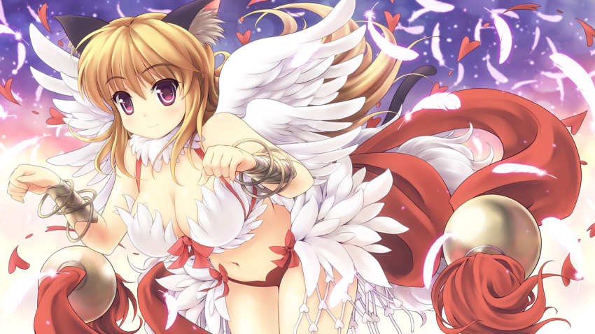 1girl angel_wings animal_ear_fluff animal_ears bangle bangs bikini blonde_hair blush bow bra bracelet bracer breasts cat_ears cat_tail closed_mouth commentary_request cowboy_shot eyebrows_visible_through_hair eyes_visible_through_hair feathered_wings feathers hair_between_eyes heart jewelry kdc_(koineko) large_breasts leaning_forward long_hair looking_at_viewer paw_pose ragnarok_online red_bikini red_bow smile solo standing swimsuit tail underwear violet_eyes wanderer_(ragnarok_online) white_bra white_feathers wings