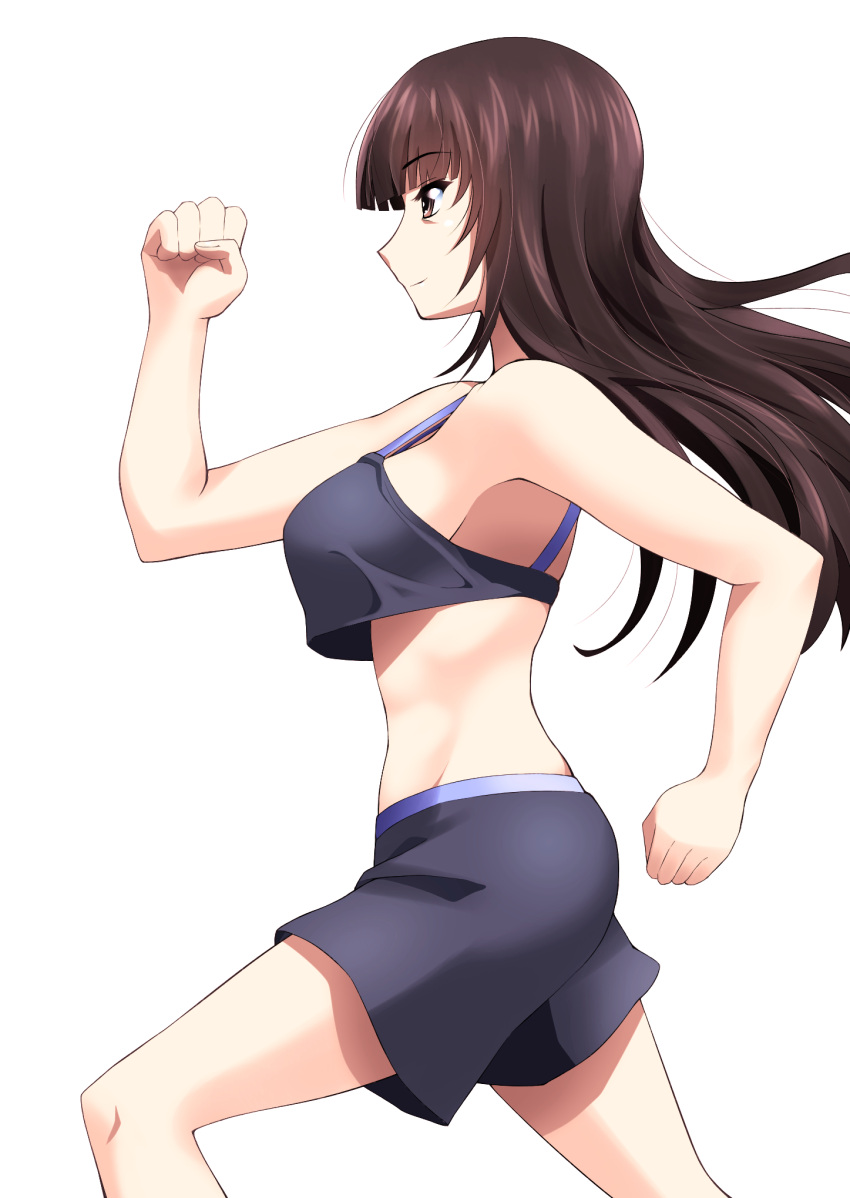 1girl black_hair black_shorts blush breasts brown_eyes closed_mouth eyebrows_visible_through_hair girls_und_panzer groin highres jogging large_breasts long_hair midriff miraino_tsubasa nishizumi_shiho shiny shiny_hair shiny_skin shorts sideboob simple_background smile solo white_background