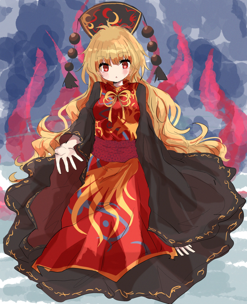 1girl :o absurdres ahoge black_dress black_headwear blonde_hair blush breasts commentary_request dress fire full_body grey_background headdress highres huge_filesize junko_(touhou) long_hair long_sleeves looking_at_viewer medium_breasts neck_ribbon outstretched_hand red_eyes ribbon sash sitting smoke solo tabard tassel touhou very_long_hair wavy_hair wide_sleeves yellow_neckwear yellow_ribbon zabuton_(mgdw5574)