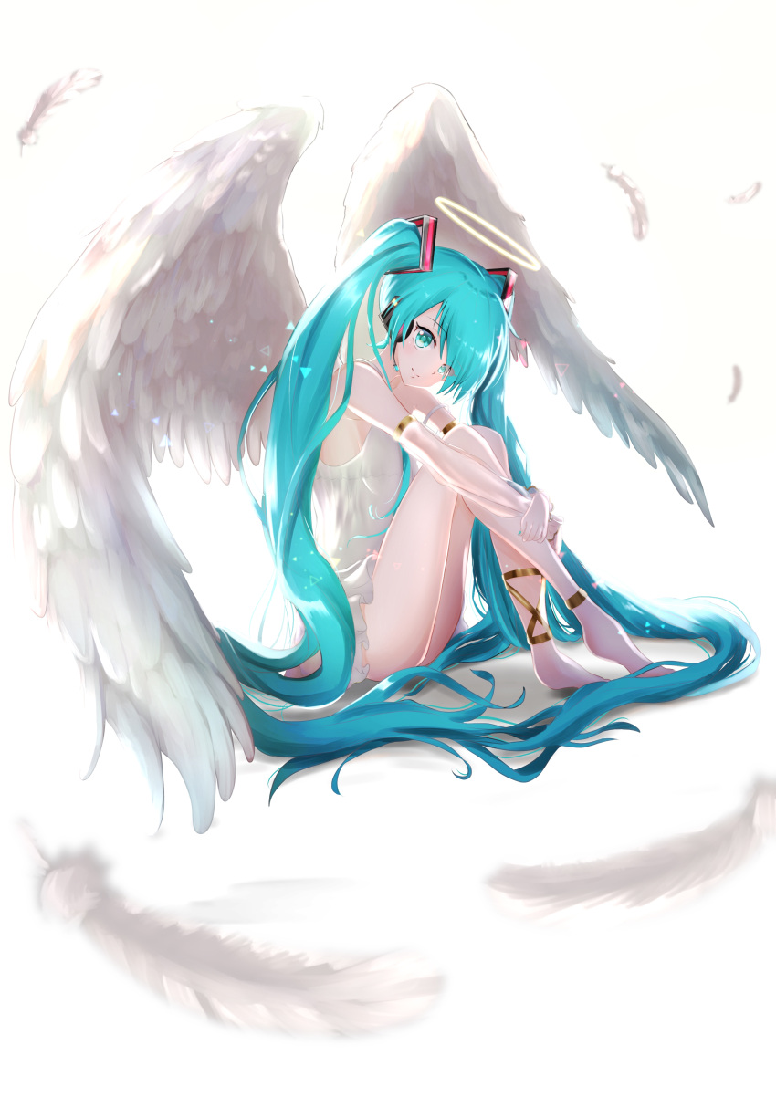 1girl absurdres angel angel_wings anklet aqua_eyes aqua_hair aqua_nails armlet bloom commentary dress feathered_wings feathers full_body hair_ornament halo hands_together hatsune_miku headphones headset highres itogari jewelry leg_hug long_hair looking_at_viewer nail_polish sidelighting sitting smile solo twintails very_long_hair vocaloid white_background white_dress wings