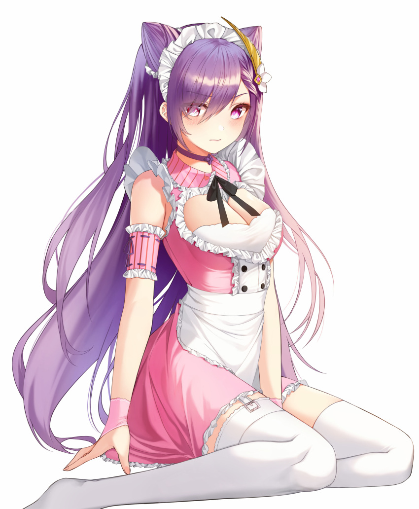 1girl absurdres alternate_costume ame_816 bangs bare_shoulders blush breasts commentary_request detached_sleeves double_bun dress enmaided genshin_impact hair_ornament highres keqing_(genshin_impact) long_hair looking_at_viewer maid purple_hair solo thigh-highs twintails violet_eyes