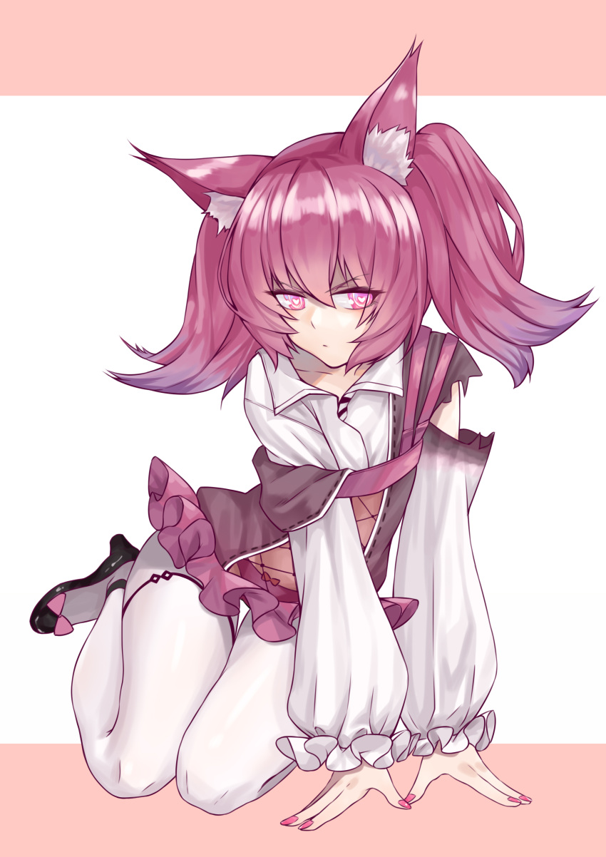 1girl absurdres all_fours animal_ear_fluff animal_ears arknights artist_request bangs black_footwear collarbone crop_top fox_ears hair_between_eyes heart heart-shaped_pupils high_heels highres long_hair long_sleeves looking_at_viewer midriff nail_polish pantyhose pink_nails purple_vest see-through shamare_(arknights) shirt solo symbol-shaped_pupils twintails vest violet_eyes white_legwear white_shirt