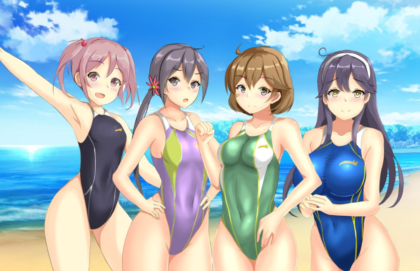 ahoge akebono_(kantai_collection) bandaid bandaid_on_face beach black_hair black_swimsuit blue_sky blue_swimsuit breasts brown_eyes clouds commentary_request competition_swimsuit covered_navel cowboy_shot day flower green_swimsuit grey_eyes grey_hair hair_bobbles hair_flower hair_ornament hairband highleg highleg_swimsuit horizon impossible_clothes impossible_swimsuit kantai_collection large_breasts long_hair looking_at_viewer medium_breasts montemasa oboro_(kantai_collection) ocean one-piece_swimsuit orange_hair outdoors pink_eyes pink_hair purple_swimsuit remodel_(kantai_collection) sazanami_(kantai_collection) short_hair side_ponytail signature sky small_breasts smile standing swimsuit twintails ushio_(kantai_collection) very_long_hair white_hairband yellow_eyes