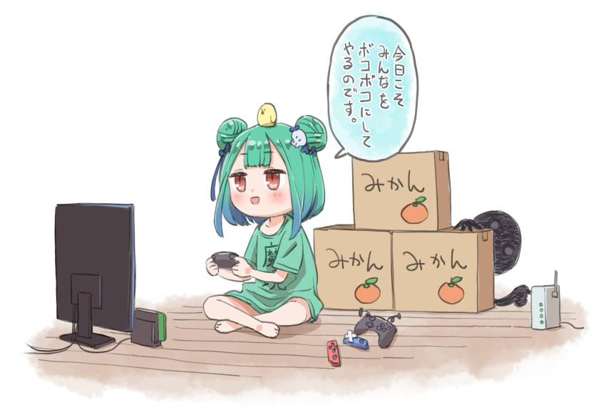 1girl bangs bird blunt_bangs blush box brown_eyes controller crossed_legs double_bun game_controller green_hair green_shirt highres holding holding_controller holding_game_controller hololive joy-con nintendo_switch open_mouth playing_games router shirt short_hair sitting solo speech_bubble television translation_request uruha_rushia virtual_youtuber watanabe_masafumi_(masafumi_127)