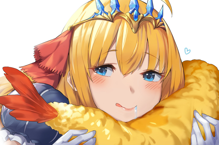 1girl blonde_hair blue_eyes blush closed_mouth drooling eyebrows_visible_through_hair food frills gloves heart highres holding holding_food long_hair makarony pecorine_(princess_connect!) pink_lips princess_connect! princess_connect!_re:dive puffy_sleeves saliva simple_background solo tempura tiara tongue tongue_out upper_body white_background white_gloves