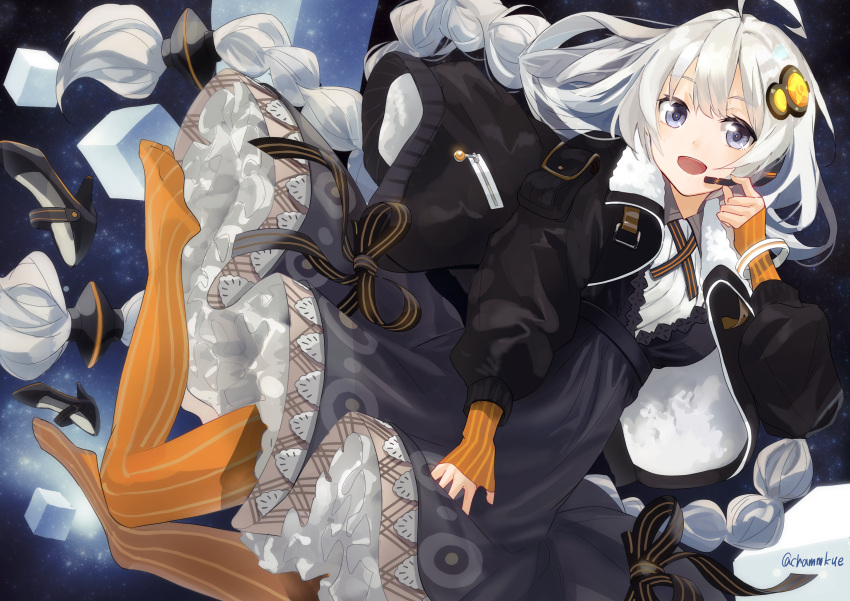 1girl :d absurdres ahoge bangs black_footwear black_jacket blue_eyes braid chamu_(chammkue) cube dress eyebrows_visible_through_hair gloves grey_dress hair_ornament half_gloves high_heels highres jacket kizuna_akari long_hair looking_at_viewer microphone no_shoes open_clothes open_jacket open_mouth orange_gloves orange_legwear pantyhose shoes shoes_removed silver_hair sleeves_past_elbows smile solo star_(symbol) striped striped_gloves striped_legwear twin_braids twitter_username vertical-striped_gloves vertical-striped_legwear vertical_stripes very_long_hair vocaloid voiceroid yellow_pupils