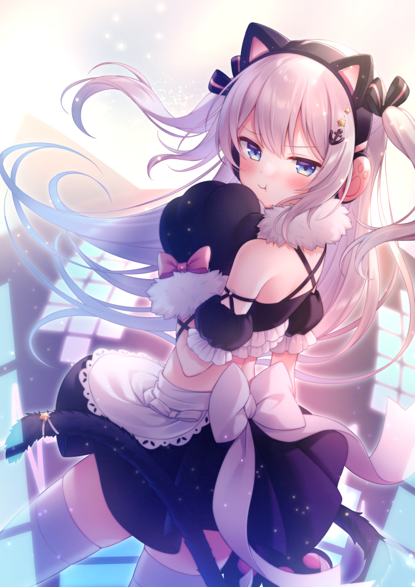 1girl :t amane_kurumi anchor_hair_ornament animal_ears azur_lane bangs bare_shoulders black_gloves black_skirt black_sleeves blue_eyes blush bow cat_ear_headphones cat_ears cat_tail closed_mouth commentary_request criss-cross_halter crop_top detached_sleeves eyebrows_visible_through_hair fake_animal_ears frilled_sleeves frills fur-trimmed_gloves fur_collar fur_trim gloves hair_ornament halterneck hammann_(azur_lane) headphones highres long_hair looking_at_viewer looking_to_the_side midriff paw_gloves paws pleated_skirt pout puffy_short_sleeves puffy_sleeves short_sleeves silver_hair skirt solo star_(symbol) star_hair_ornament tail thigh-highs two_side_up very_long_hair white_bow white_legwear window
