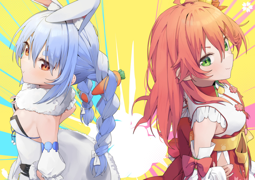 2girls :3 :t animal_ears back-to-back black_gloves blue_hair bow braid breasts brown_eyes carrot carrying cherry_blossoms detached_sleeves don-chan_(usada_pekora) explosion from_side fur-trimmed_gloves fur_trim gloves green_eyes hands_on_hips highres hololive japanese_clothes long_hair looking_at_viewer miko multiple_girls obi orange_background rabbit_ears red_bow sakura_miko sash small_breasts smirk syhan twin_braids twintails usada_pekora virtual_youtuber yellow_background