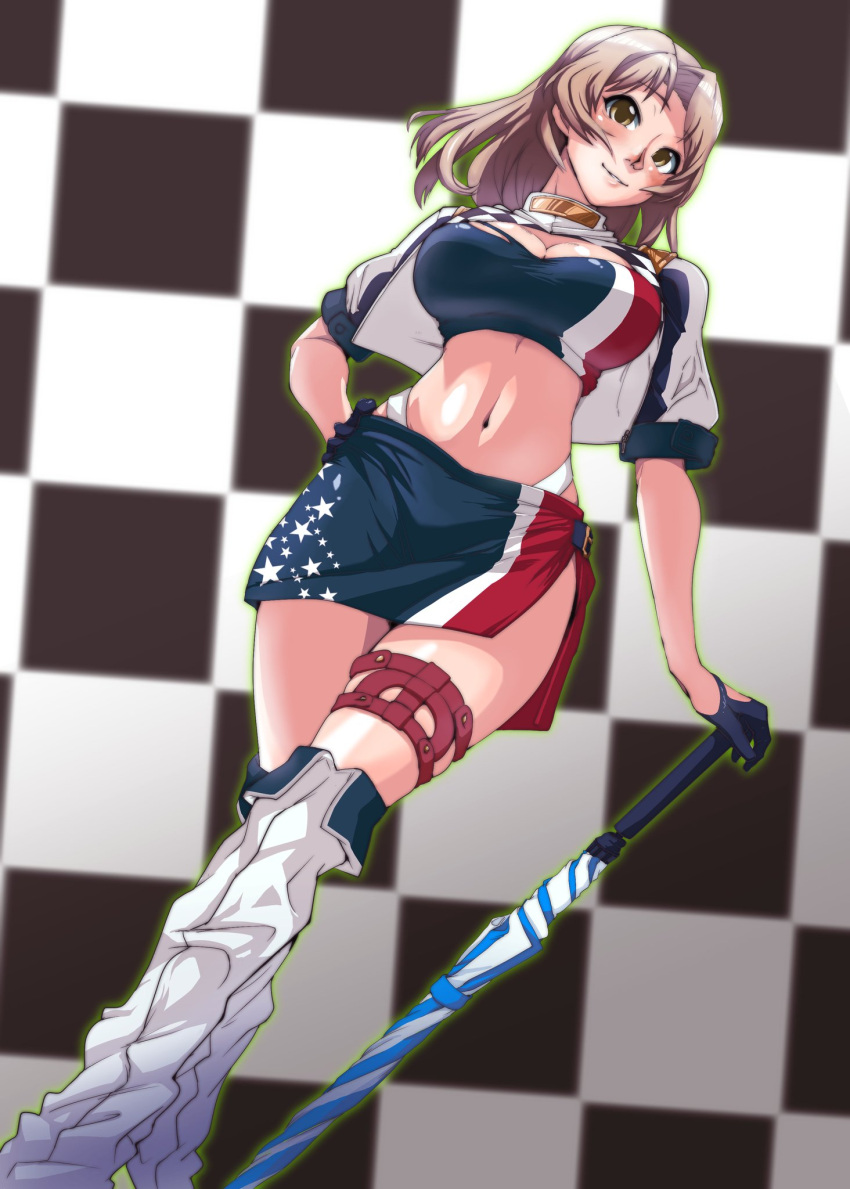 1girl alternate_costume bandeau blue_skirt boots breasts brown_eyes commentary_request cosplay cropped_jacket from_below gotland_(kantai_collection) gotland_(kantai_collection)_(cosplay) highres houston_(kantai_collection) jacket kantai_collection kasuta.net knee_boots large_breasts light_brown_hair long_hair midriff miniskirt navel planted_umbrella racequeen skirt solo umbrella white_footwear white_jacket