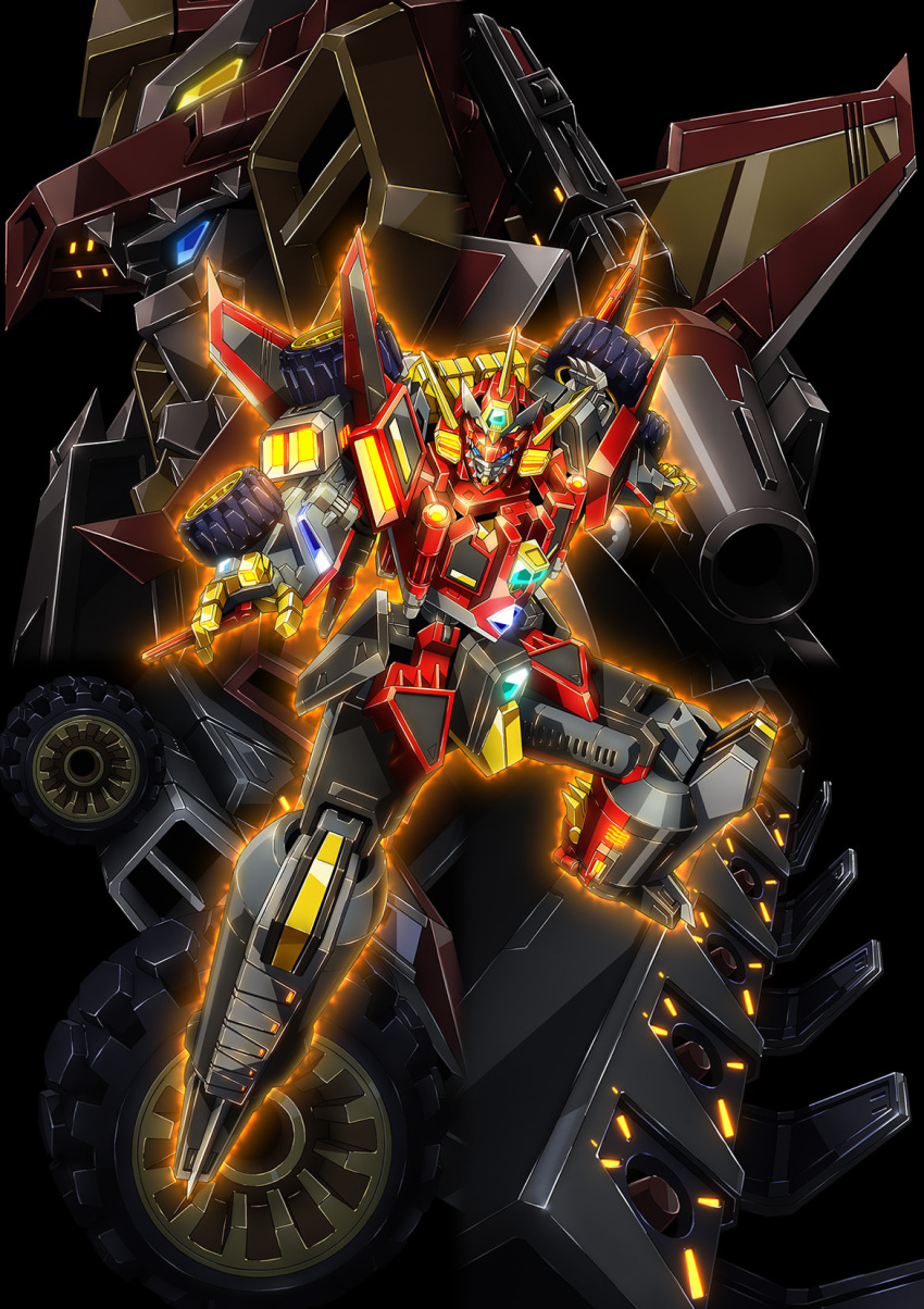 black_background blue_eyes cannon collage full_body glowing glowing_eyes highres key_visual looking_at_viewer mecha missile_pod no_humans official_art ssss.dynazenon wheel yellow_eyes