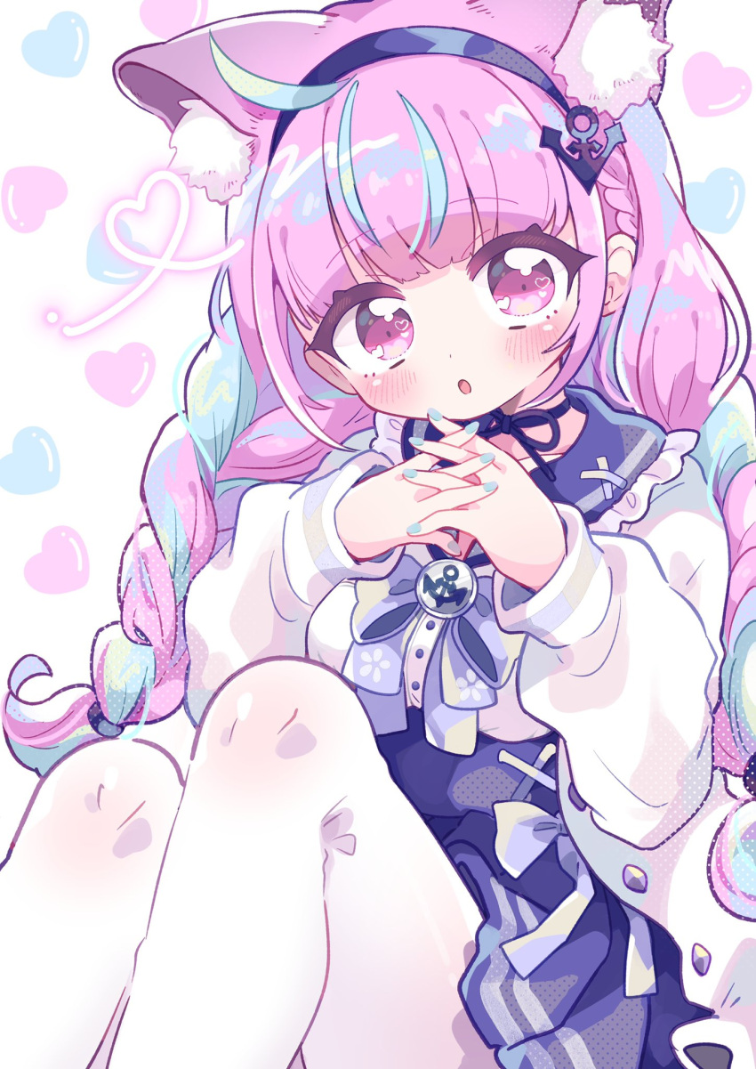 1girl aeruusa air_rin anchor_symbol animal_ears aqua_hair bangs blue_nails blunt_bangs blush braid brooch cardigan cat_ears collar frilled_collar frills hands_clasped headband heart highres hololive jewelry long_sleeves looking_at_viewer minato_aqua multicolored_hair neck_ribbon open_mouth own_hands_together pink_eyes pink_hair pleated_skirt ribbon sailor_collar sitting skirt solo streaked_hair twin_braids two-tone_hair virtual_youtuber white_cardigan white_legwear white_ribbon
