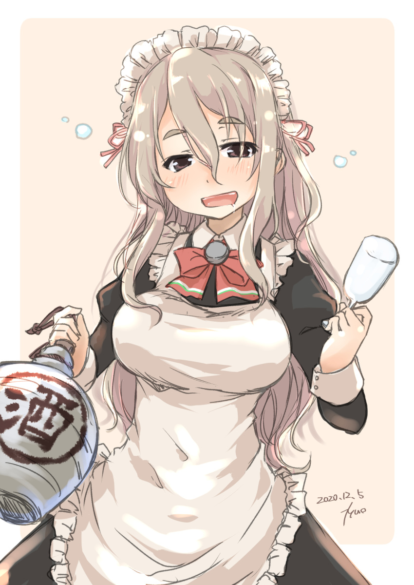 1girl alcohol alternate_costume apron black_dress border bow bowtie brown_eyes cowboy_shot cup dated dress drinking_glass drunk enmaided frilled_apron frills fyuo grey_hair hair_between_eyes highres jar kantai_collection looking_at_viewer maid open_mouth pink_background pola_(kantai_collection) red_neckwear sake signature smile solo thick_eyebrows two-tone_background wavy_hair white_apron white_border wine_glass