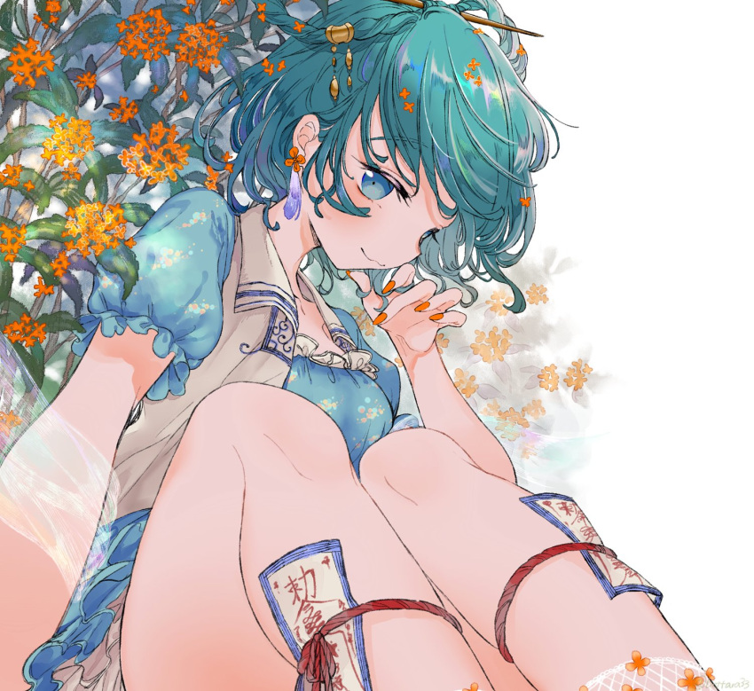 1girl :3 bangs blue_dress blue_eyes blue_hair blush breasts closed_mouth collarbone commentary_request dress earrings eyebrows_visible_through_hair feather_earrings feathers feet_out_of_frame fishnet_legwear fishnets floral_background flower hagoromo hair_ornament hair_rings hair_stick hair_twirling highres jewelry kaku_seiga knees_up leg_strap looking_at_viewer medium_breasts ofuda orange_nails profile puffy_short_sleeves puffy_sleeves ryuuta_(akatukiryoka) shawl short_hair short_sleeves signature solo swept_bangs touhou vest white_legwear