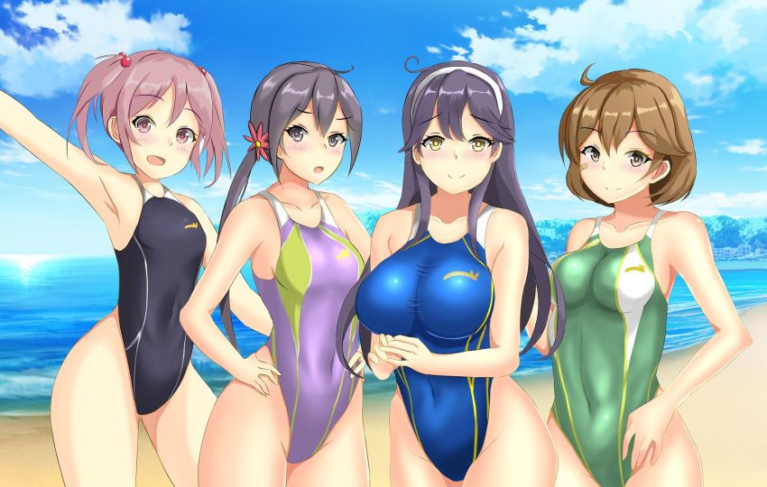 ahoge akebono_(kantai_collection) bandaid bandaid_on_face beach black_hair black_swimsuit blue_sky blue_swimsuit breasts brown_eyes clouds commentary_request competition_swimsuit covered_navel cowboy_shot day flower green_swimsuit grey_eyes grey_hair hair_bobbles hair_flower hair_ornament hairband highleg highleg_swimsuit highres horizon impossible_clothes impossible_swimsuit kantai_collection large_breasts long_hair looking_at_viewer medium_breasts montemasa oboro_(kantai_collection) ocean one-piece_swimsuit orange_hair outdoors pink_eyes pink_hair purple_swimsuit remodel_(kantai_collection) sazanami_(kantai_collection) short_hair side_ponytail signature sky small_breasts smile standing swimsuit twintails ushio_(kantai_collection) very_long_hair white_hairband yellow_eyes