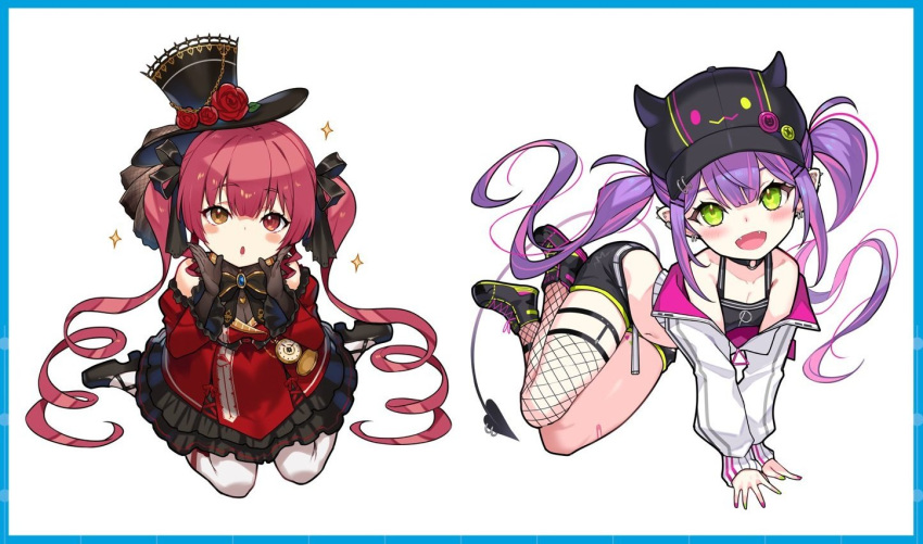 2girls :o black_gloves black_shorts blush border chibi demon_tail fangs fishnet_legwear fishnets gloves green_eyes hat heterochromia hololive houshou_marine kakage kneeling mini_hat multiple_girls navel official_alternate_costume open_mouth purple_hair red_eyes redhead short_shorts shorts single_thighhigh sitting tail thigh-highs tokoyami_towa twintails virtual_youtuber wariza yellow_eyes