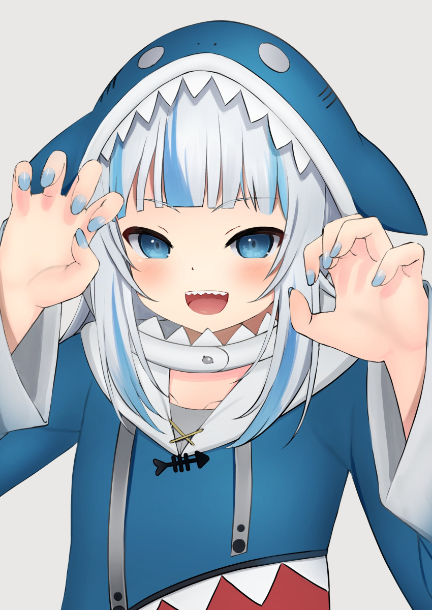 1girl :d absurdres animal_hood bangs blue_eyes blue_nails blunt_bangs blush claw_pose commentary deku_suke drawstring english_commentary eyebrows_visible_through_hair gawr_gura grey_background highres hololive hololive_english hood hood_up hoodie long_sleeves looking_at_viewer multicolored_hair open_mouth shark_hood sharp_teeth simple_background smile solo streaked_hair teeth two-tone_hair upper_body virtual_youtuber white_hair