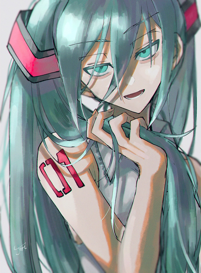 1girl aqua_eyes aqua_hair arm_tattoo bangs eyebrows_visible_through_hair grey_background grey_shirt hair_between_eyes hand_in_hair hatsune_miku highres holding holding_hair joh_pierrot long_hair number number_tattoo open_mouth shirt signature simple_background sleeveless sleeveless_shirt solo tattoo twintails upper_body vocaloid