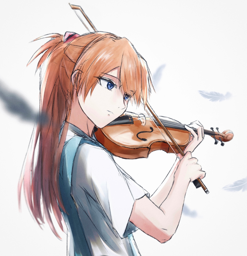 1girl bangs blue_eyes blurry blurry_background blurry_foreground bow_(instrument) commentary depth_of_field from_side hair_ornament highres holding holding_instrument instrument interface_headset long_hair looking_ahead music neon_genesis_evangelion parted_lips playing_instrument redhead school_uniform shirt short_sleeves sketch solo souryuu_asuka_langley two_side_up upper_body violin white_background white_feathers white_shirt yakisobaosu