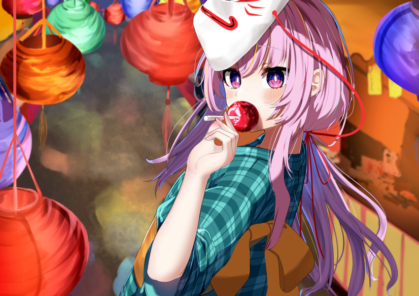 1girl aqua_shirt bangs blurry blurry_background blush bright_pupils candy_apple collared_shirt commentary_request covering_mouth eating food garaudon hair_between_eyes hand_up hata_no_kokoro highres lantern long_hair looking_at_viewer looking_back mask mask_on_head noh_mask orange_ribbon paper_lantern pink_eyes pink_hair plaid plaid_shirt red_ribbon ribbon shirt solo touhou upper_body