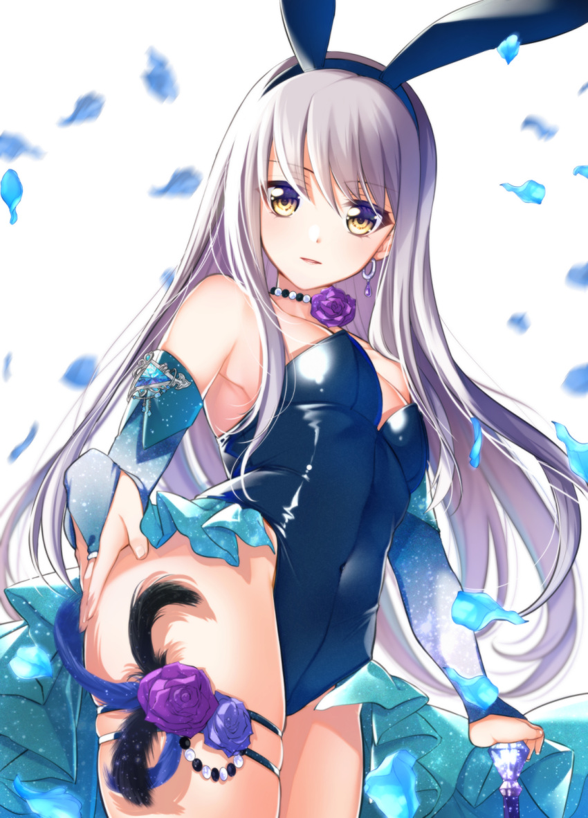 1girl animal_ears armpits bang_dream! bangs bare_legs blue_flower blue_gloves blue_leotard blue_rose blush breasts bridal_gauntlets choker commentary covered_navel cowboy_shot dutch_angle earrings elbow_gloves eyebrows_visible_through_hair fake_animal_ears flower flower_choker from_below gloves grey_hair hand_on_own_ass highleg highleg_leotard highres jewelry leotard long_hair looking_at_viewer minato_yukina petals playboy_bunny rabbit_ears rose rose_petals sidelocks sleeveless small_breasts solo standing strapless strapless_leotard thigh_strap tsurugi_hikaru white_background yellow_eyes