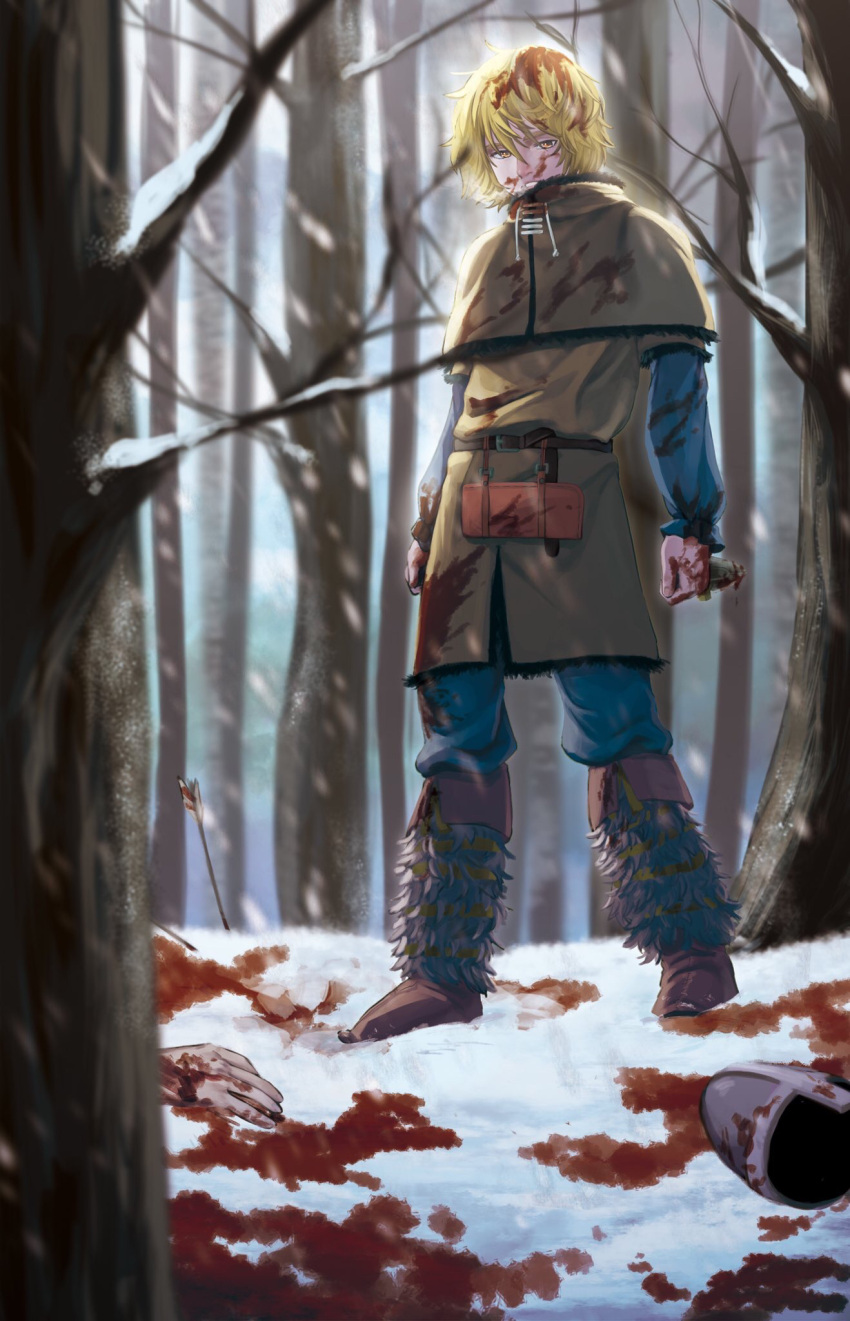 1boy bare_tree blonde_hair blood blood_on_face blood_splatter bloody_clothes brown_eyes forest highres nature short_hair snow thorfinn tree vinland_saga