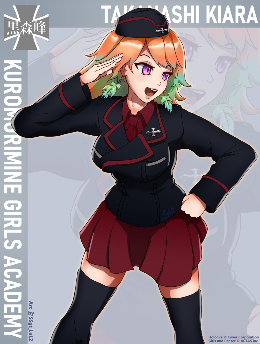 1girl artist_name bangs black_legwear breasts crossover double-breasted drop_earrings earrings emblem feather_earrings feathers girls_und_panzer gradient gradient_background green_hair hand_on_hip highres hololive hololive_english jewelry kuromorimine_(emblem) kuromorimine_military_uniform lapel_pin large_breasts lips looking_to_the_side maltese_cross miniskirt open_mouth orange_hair pink_hair red_skirt salute skirt ssgt-lulz swept_bangs takanashi_kiara thigh-highs virtual_youtuber zettai_ryouiki zoom_layer