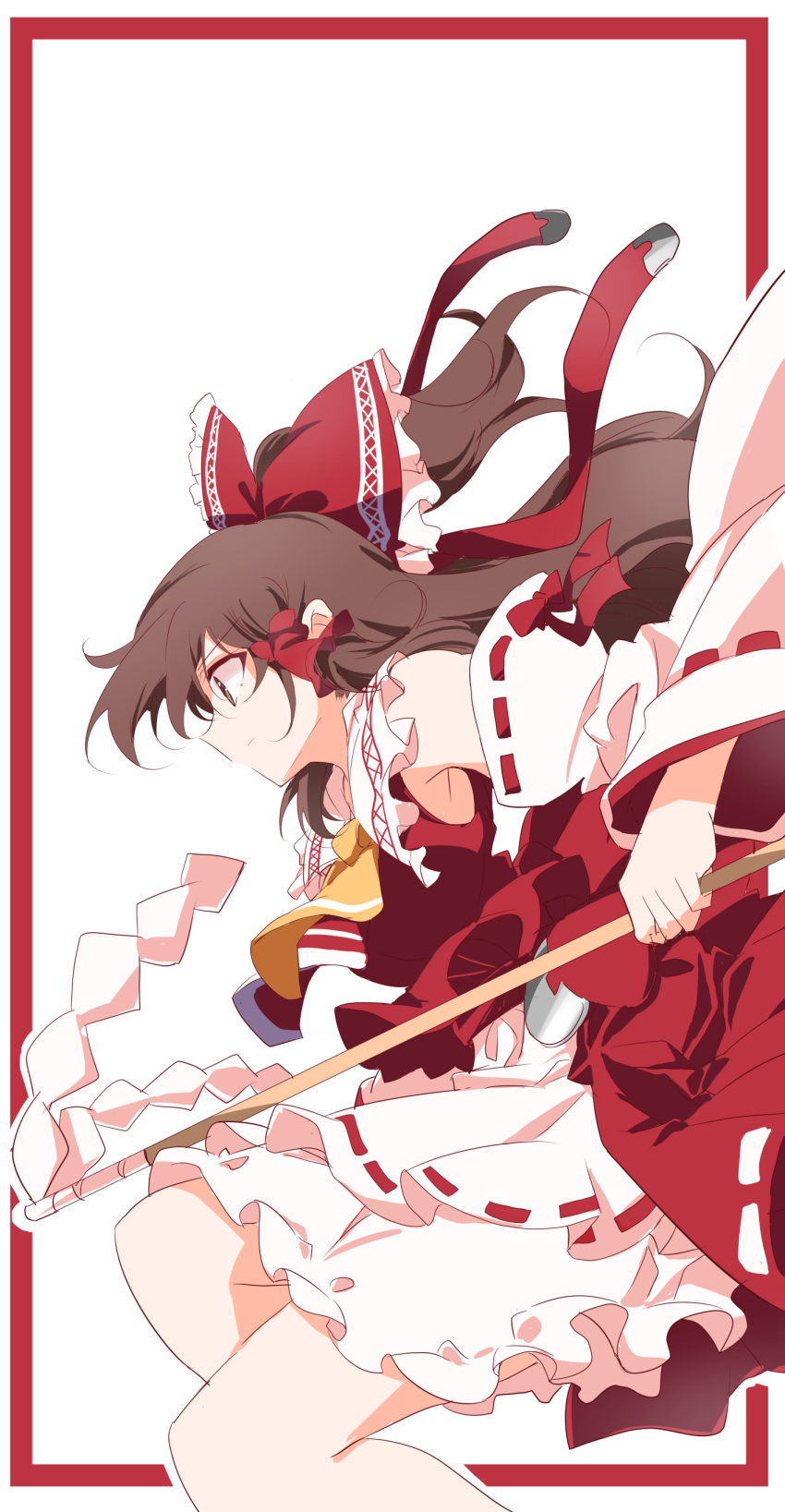 1girl absurdres armpit_crease ascot bangs bare_shoulders border bow brown_eyes brown_hair closed_mouth collared_shirt commentary_request cowboy_shot detached_sleeves frilled_bow frilled_shirt_collar frilled_skirt frills gohei hair_bow hair_ribbon hair_tubes hakurei_reimu half_updo hand_up highres holding ichimura_kanata layered_clothing long_hair long_sleeves outside_border petticoat profile red_border red_bow red_ribbon red_shirt red_skirt ribbon ribbon-trimmed_skirt ribbon-trimmed_sleeves ribbon_trim serious shide shirt sidelocks skirt skirt_set sleeveless sleeveless_shirt solo touhou two-tone_skirt upskirt v-shaped_eyebrows white_background white_ribbon white_skirt wide_sleeves yellow_neckwear
