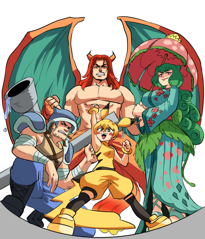 2boys 2girls abs animal_ears arm_rest arm_up armor armpits baggy_shorts bandaged_arm bandaged_wrist bandages bangs blastoise blonde_hair blue_hair blush_stickers boots bracelet breastplate breasts charizard child cigar clenched_hands clenched_teeth commentary curly_hair dragon_boy dragon_horns dragon_wings dripping english_commentary eyebrows_visible_through_hair facial_hair fingerless_gloves fisheye from_below full_body gen_1_pokemon gloves green_eyes half-closed_eyes hand_up height_difference helmet highres holding holding_umbrella horns japanese_clothes jewelry kimono kneehighs large_breasts leaf lipstick long_hair long_sleeves looking_at_viewer makeup mouth_hold multiple_boys multiple_girls muscle no_nipples one_knee open_mouth outstretched_arm over_shoulder pants parasol pectorals personification pikachu pokemon pokemon_(game) pokemon_rgby pose red_eyes redhead shirt shirtless shoes short_hair shorts shoulder_armor sleeveless sleeveless_shirt smile spread_legs standing tail teeth tina_fate umbrella v-shaped_eyebrows venusaur very_long_hair water weapon weapon_on_back wide_sleeves wings yellow_eyes