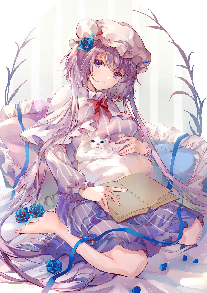 1girl absurdly_long_hair alternate_costume alternate_hair_color alternate_hairstyle animal animal_on_lap bangs bare_legs barefoot blue_dress blue_flower blue_ribbon blue_rose book bow bowtie capelet cat cat_on_lap closed_mouth commentary cosplay dress elise_(piclic) english_commentary eyebrows_visible_through_hair flower frilled_capelet frilled_dress frilled_hat frilled_pillow frilled_sleeves frills full_body gradient_dress hair_flower hair_ornament hair_spread_out hat head_tilt highres holding holding_animal holding_cat light_particles long_hair long_sleeves looking_at_viewer looking_up mob_cap on_bed patchouli_knowledge patchouli_knowledge_(cosplay) petting pillow plant purple_capelet purple_dress purple_hair red_bow red_neckwear red_ribbon ribbon rose shiny shiny_hair short_hair_with_long_locks sidelocks sitting smile solo striped striped_background striped_dress touhou tsukumo_benben two-tone_dress vertical-striped_dress vertical_stripes very_long_hair violet_eyes wariza white_cat